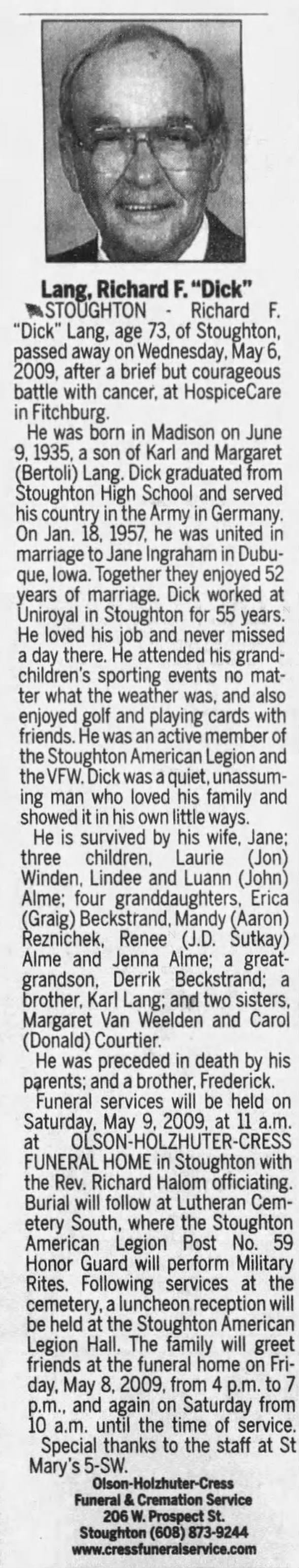 Obituary for Richard F. Lang, 1935-2009 (Aged 73)